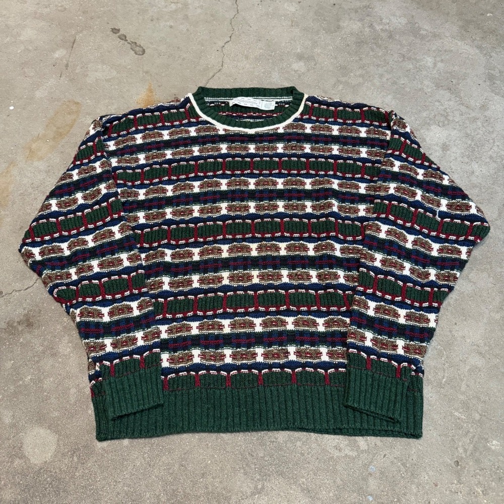 Vintage Crossings Sweater Mens Large Green Multi Color Geometric Cotton USA Made